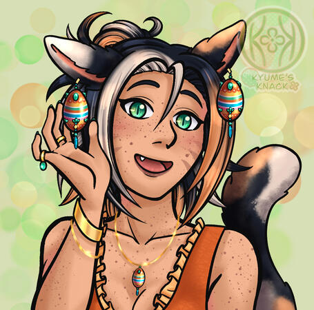 A drawing of a miqo'te character from final fantasy 14. She is a calico cat, so her short spiky hair is colored black orange and white. She has bright green eyes and is wearing huge colorful Easter egg earrings. She is proudly showing them off to the audie
