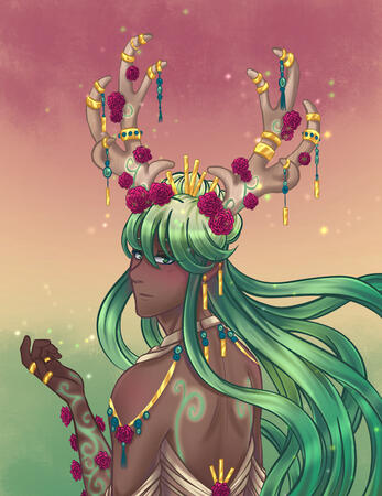 A drawing of a homebrew dungeons and dragon nature god. They have tan skin that goes darker towards their extremities. Their hands and back are covered in magical swirling glowing markings that match their green teal hair in hue. Their hair has a bun that