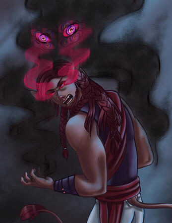 An image of a firbolg from dungeons and dragons. He has long red hair with braids. and a long lion like tail. His ears look like a cows. He is hunched over looking angry to the camera. His eyes are red and have a strange aura coming from them linking them