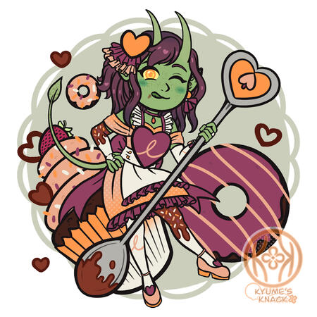 A valentines your character here commission. This one is of a green tiefling from dungeons and dragons. She has pale white eyes with pretty maroon colored hair. she has her tongue sticking out cutely as she holds a giant chocolate covered spoon. She is dre