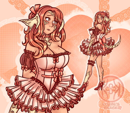 Two drawings of an Raen au'ra woman in a very cute frilly dress. The first pose is a half body with her looking away shyly. The second is of a full body pose showing off the full outfit. The top looks almost like a corset, and the bottom of the dress is sh