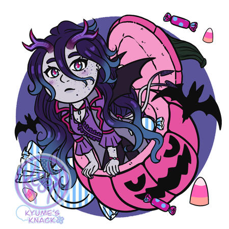 A your character here drawing commission of a tiefling character from dungeons and dragons. She is dressed as a vampire with little fake black bat wings behind her. She is inside of a cute evil looking pink pumpkin with candy and bats surrounding her. She